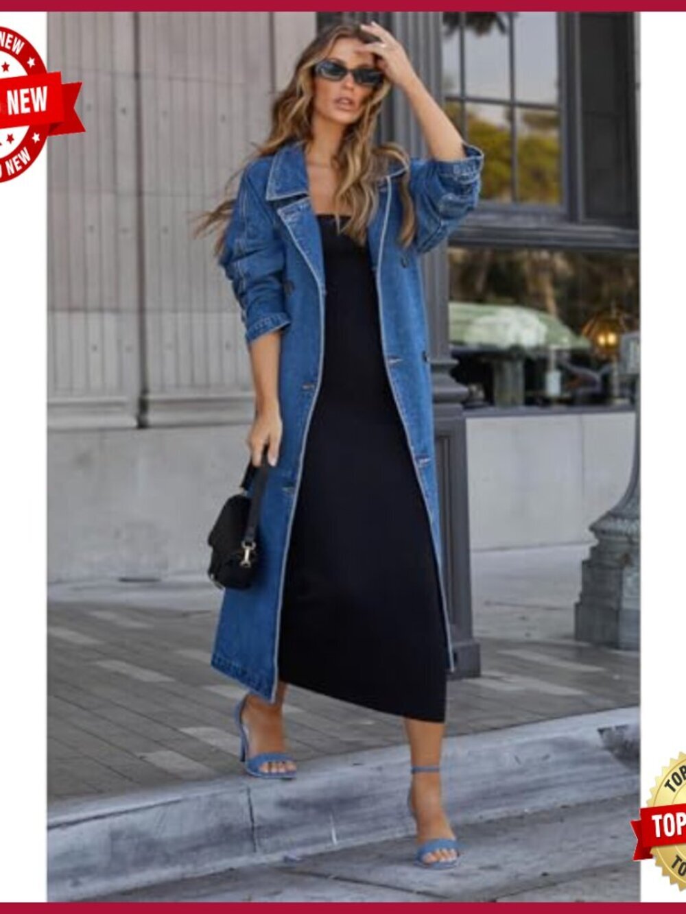 Long Denim Trench Coat Double Breasted Oversize Jacket - Picture 5 of 6